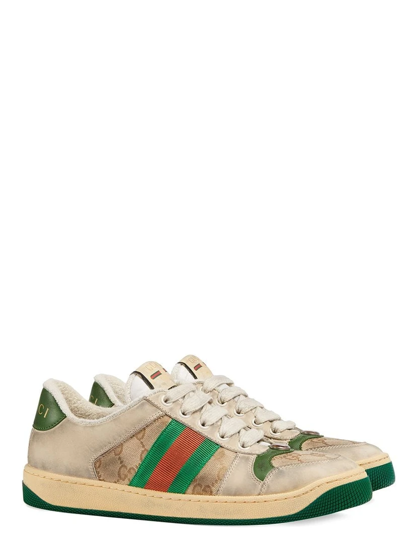 Screener sneakers in leather and GG canvas with green and red Web stripes