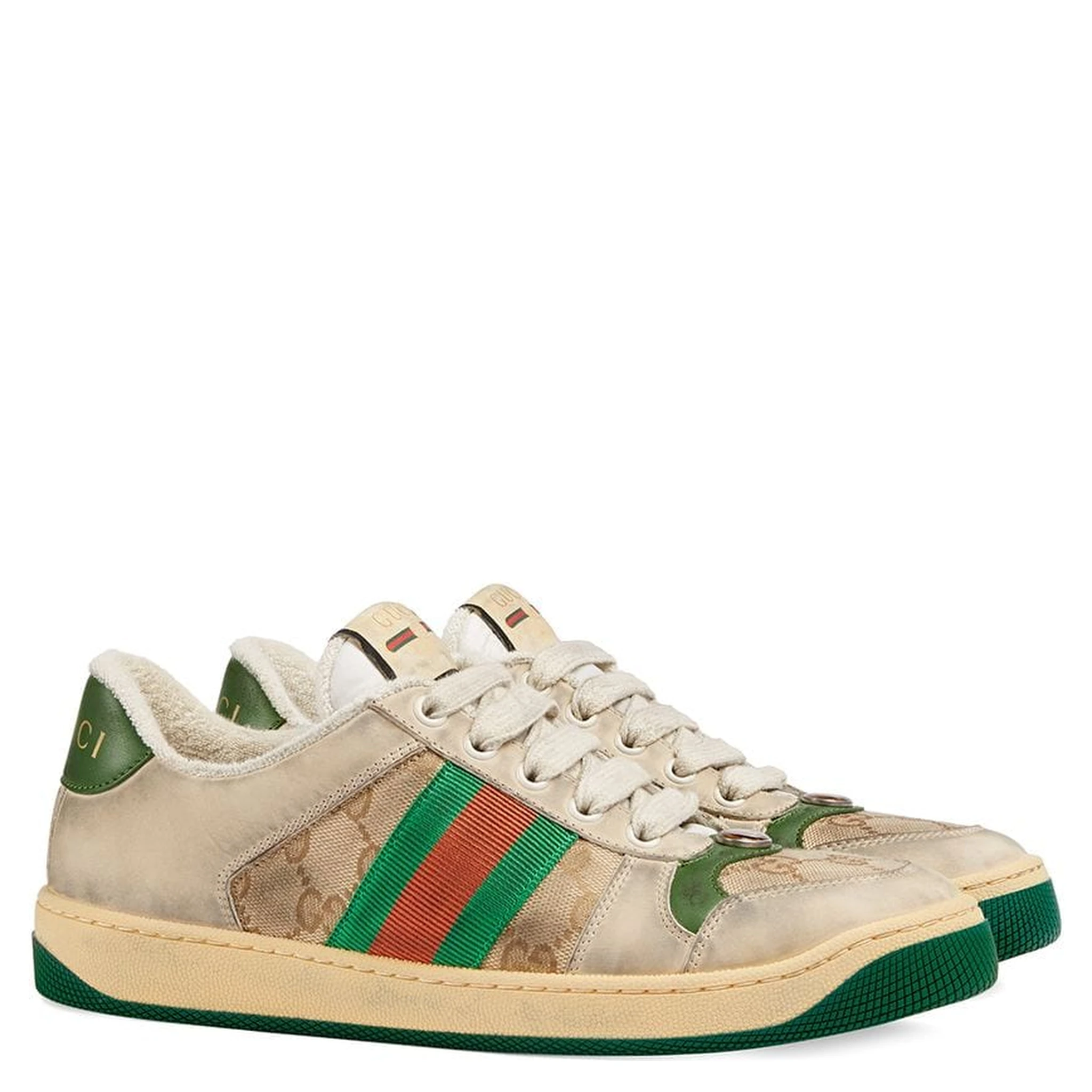 Screener sneakers in leather and GG canvas with green and red Web stripes