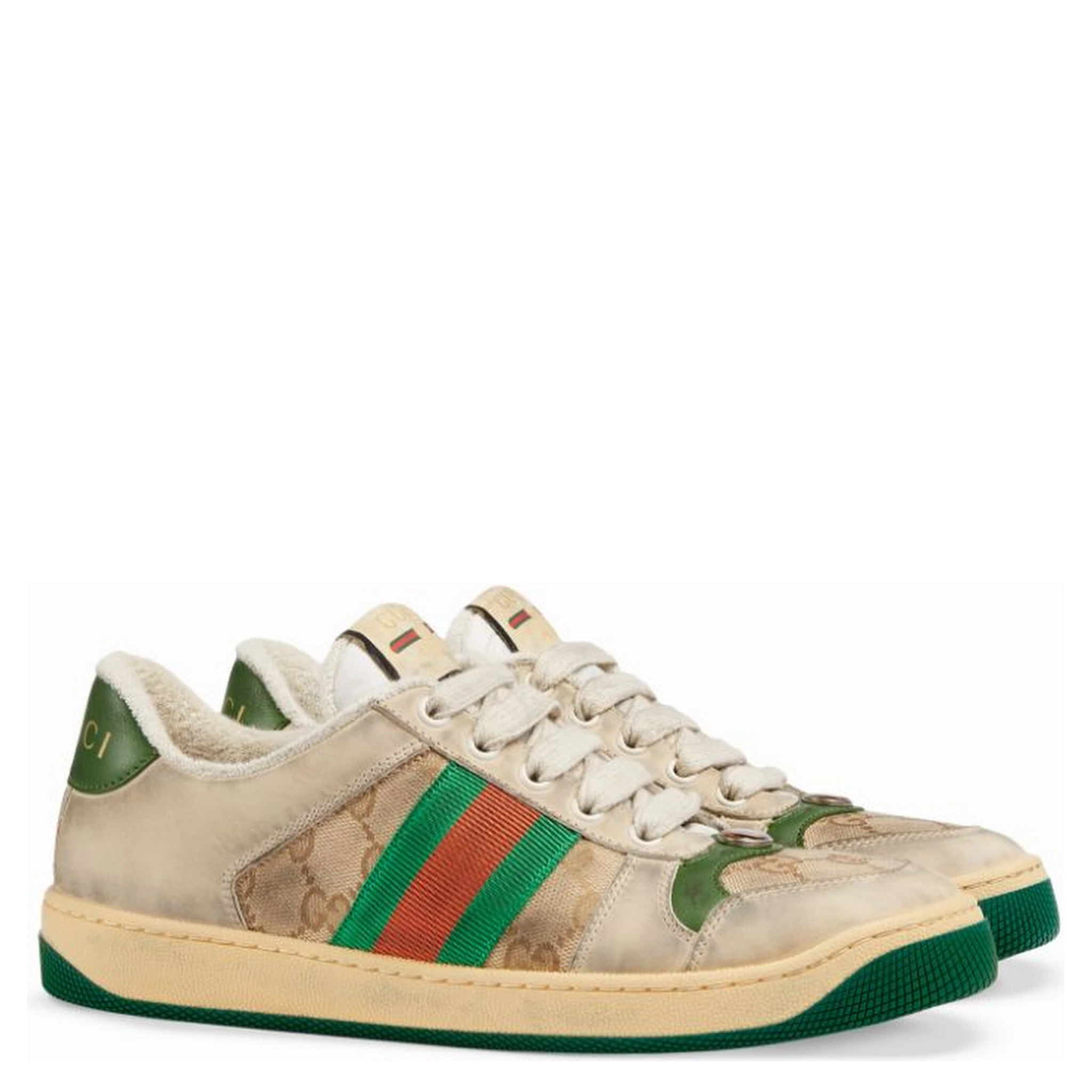 Screener sneakers in leather and GG canvas with green and red Web stripes
