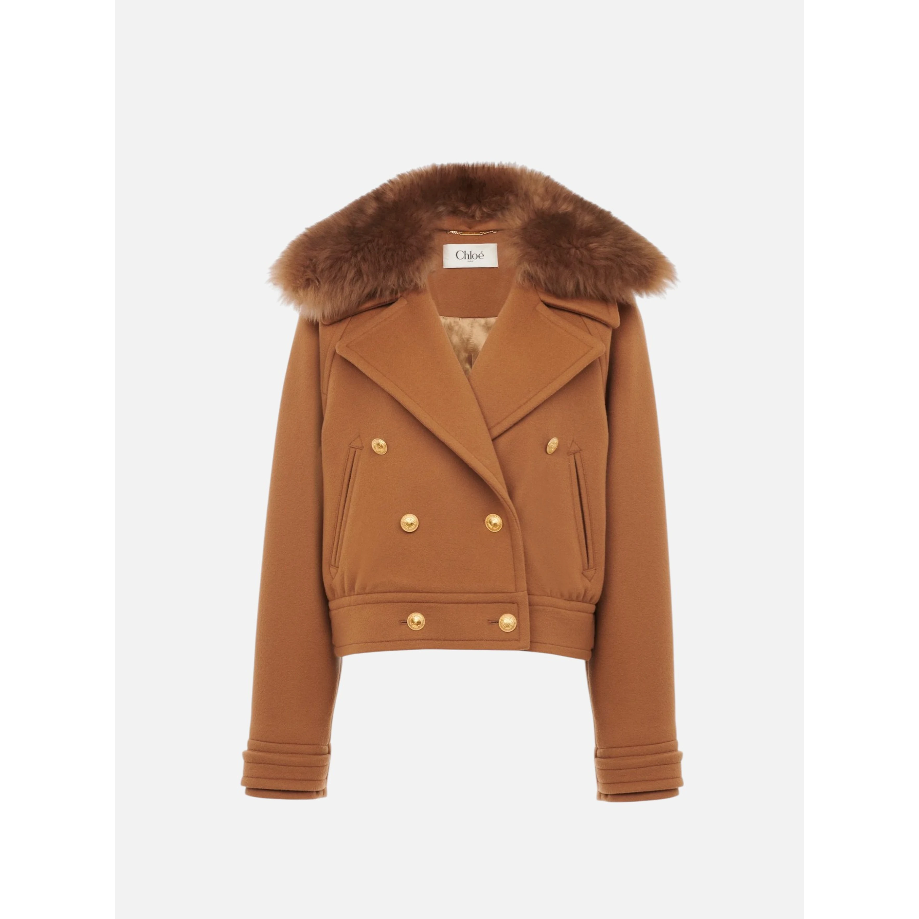 Cropped shearling-trimmed wool-blend coat
