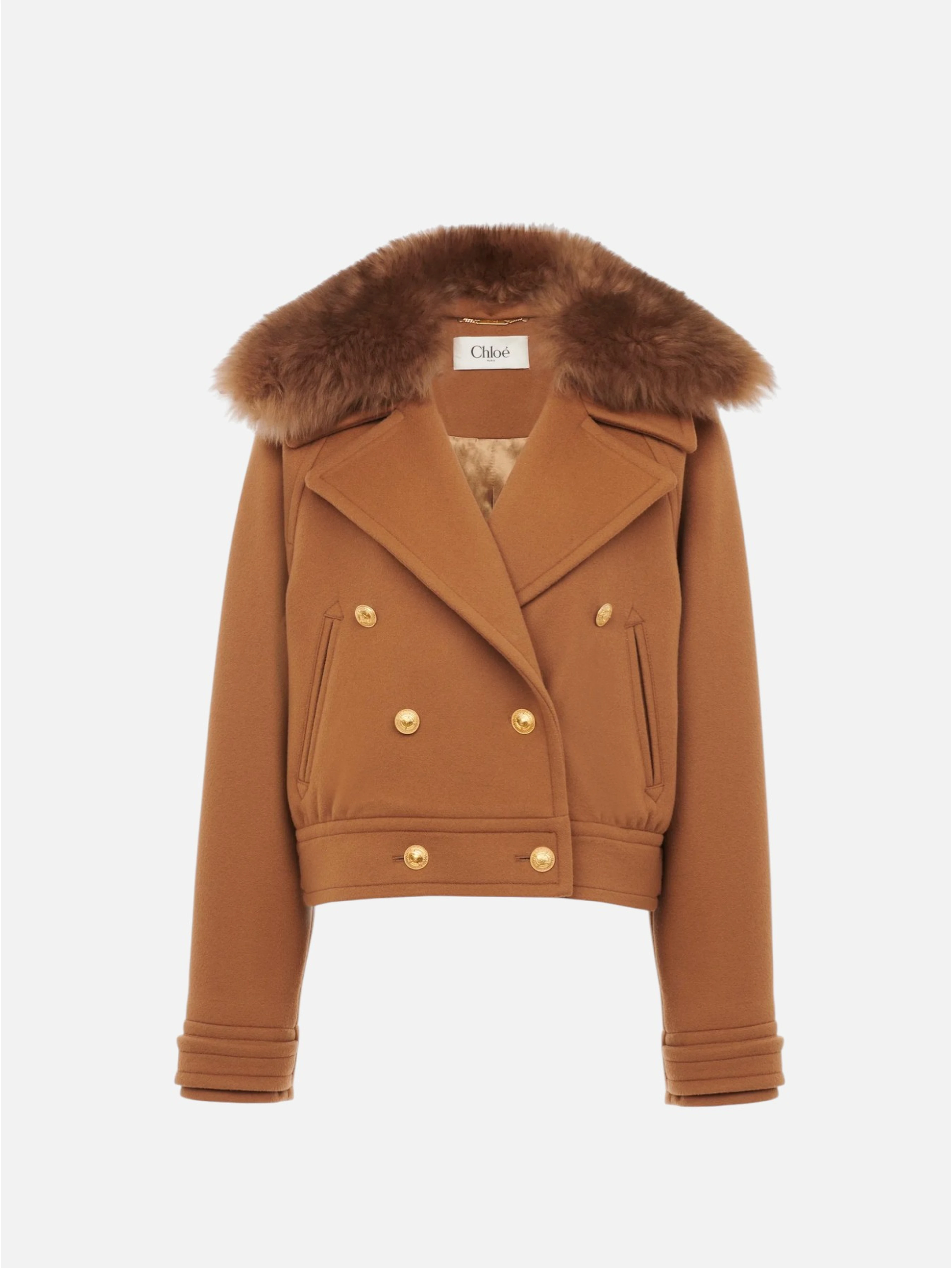 Cropped shearling-trimmed wool-blend coat