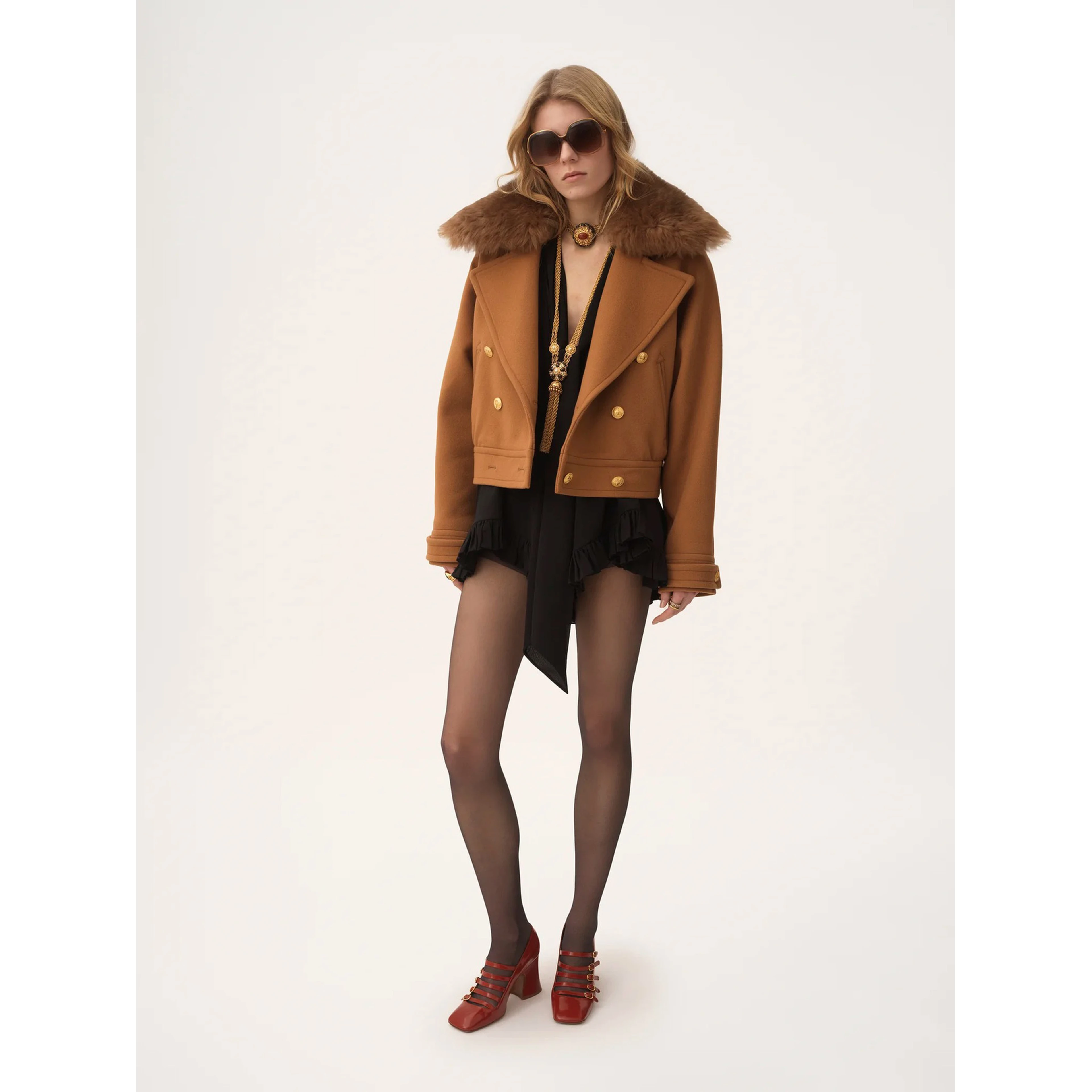 Cropped shearling-trimmed wool-blend coat