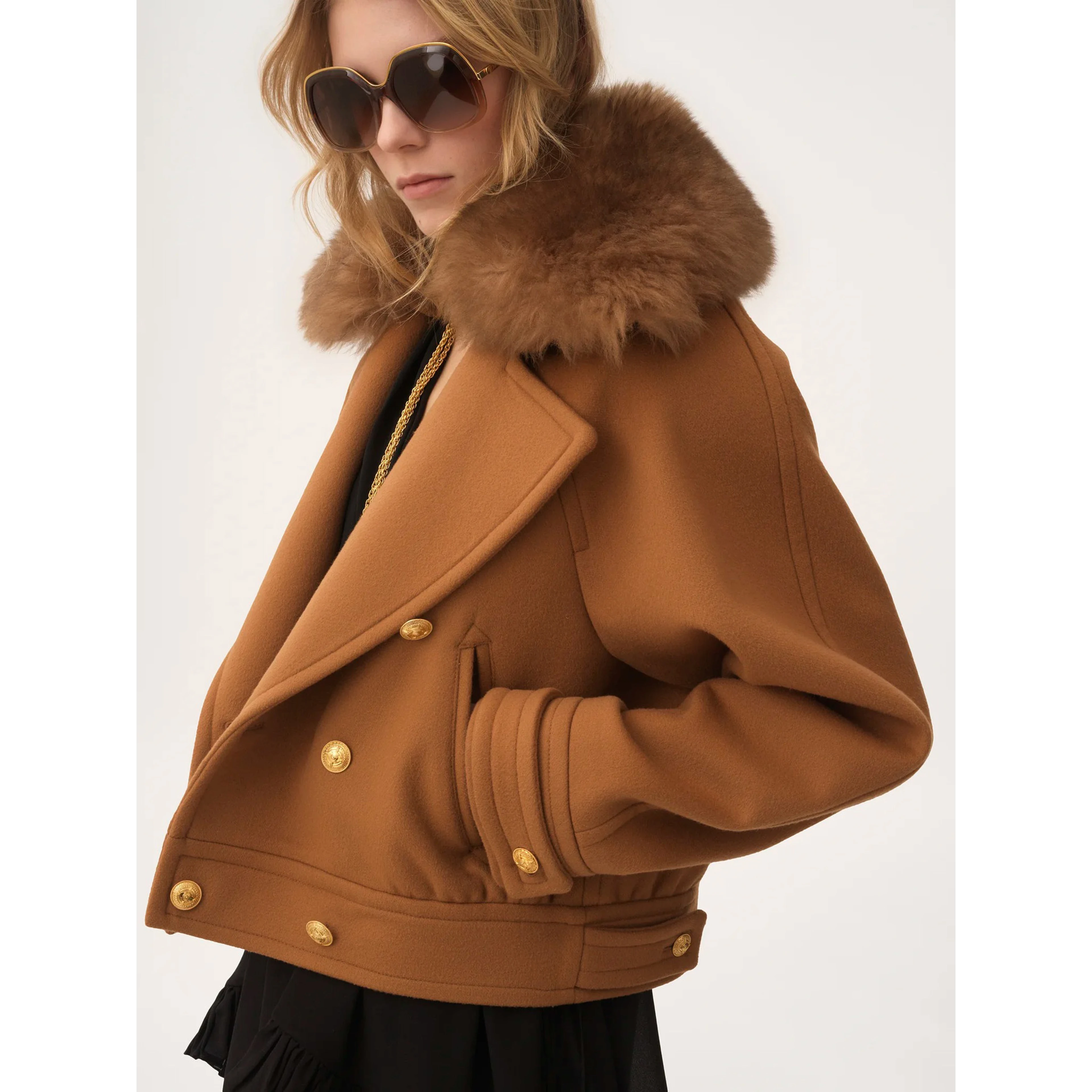 Cropped shearling-trimmed wool-blend coat