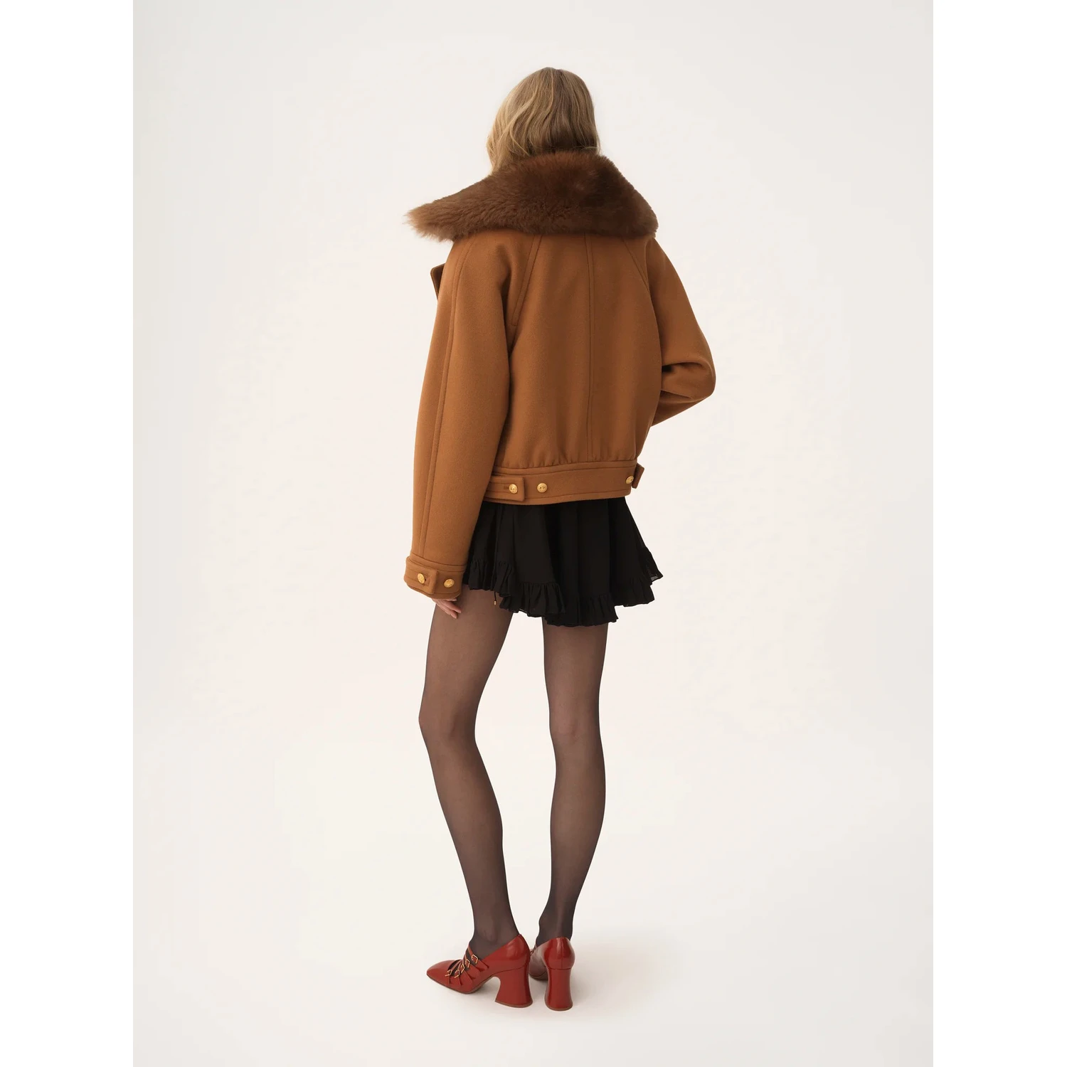 Cropped shearling-trimmed wool-blend coat