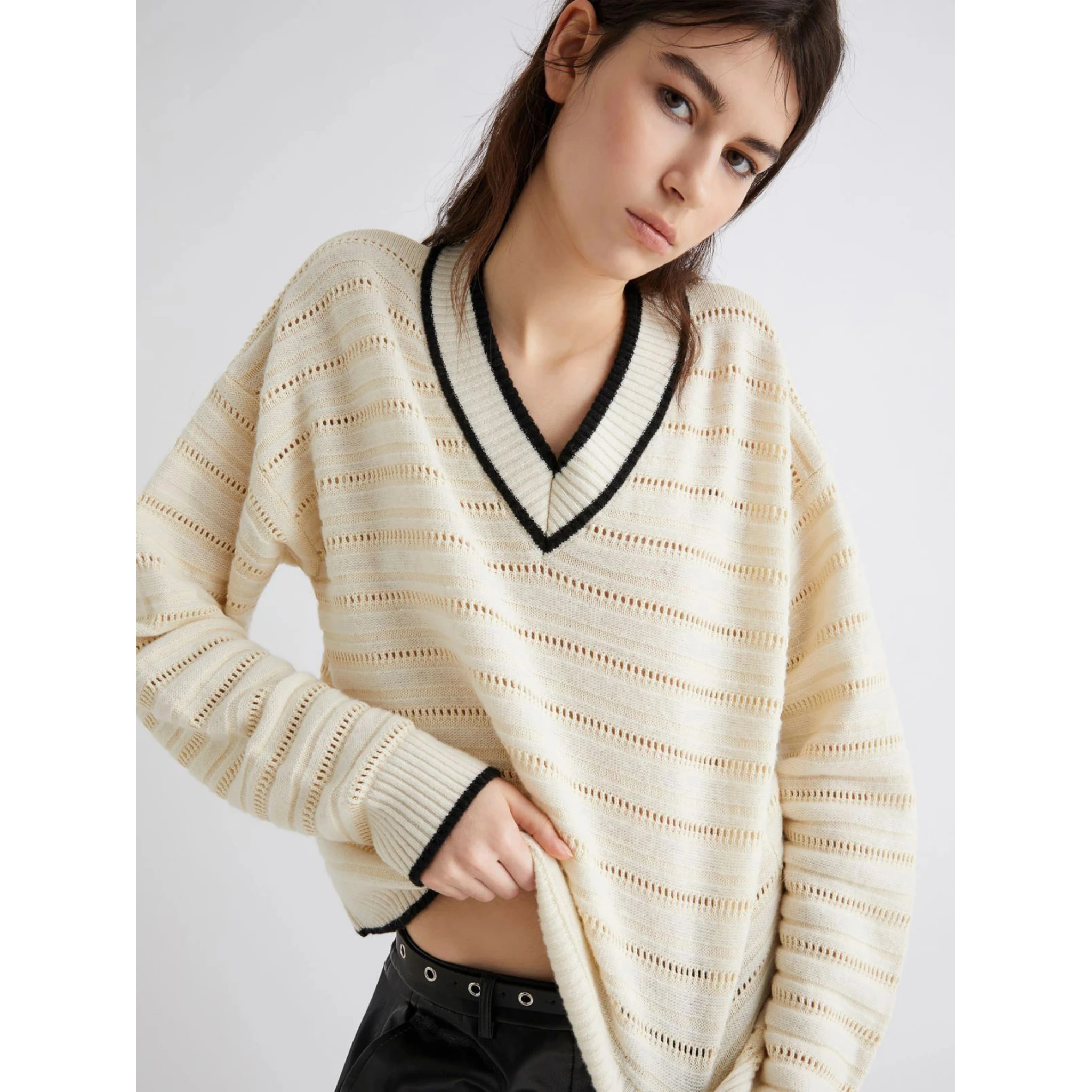 ribbed V-neck wool sweater