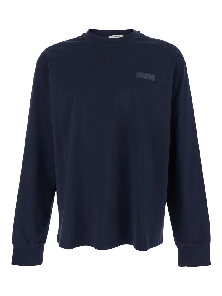 Blue Long-Sleeved T-Shirt with Chest Logo Patch in Cotton Man