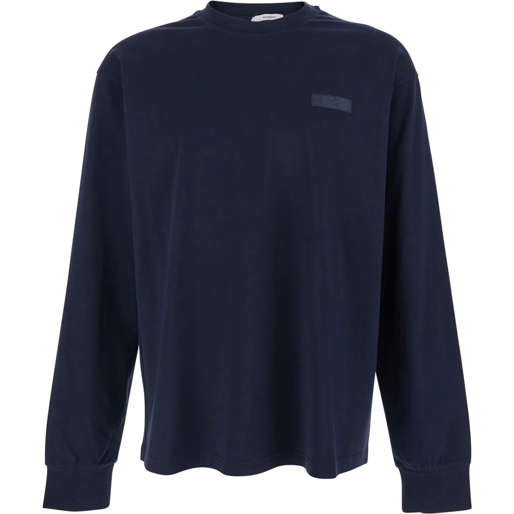 تيشيرت رجالي أزرق بأكمام طويلة وشعار على الصدر، مصنوع من القطن.