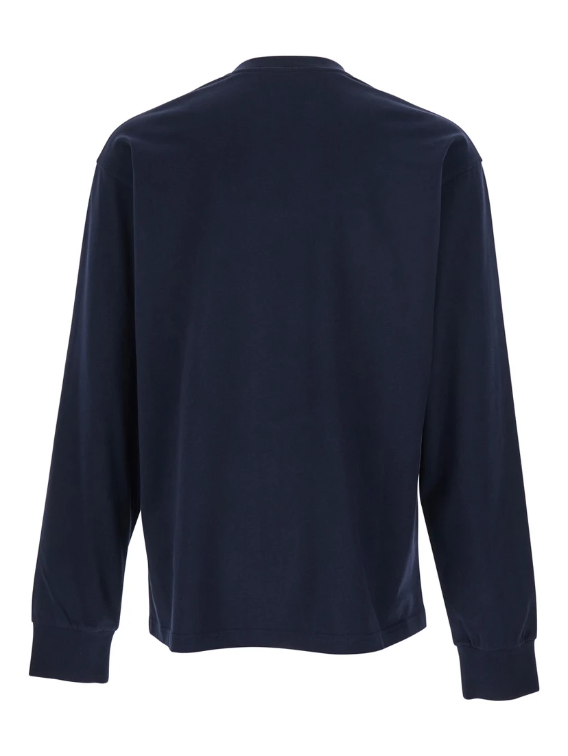 Blue Long-Sleeved T-Shirt with Chest Logo Patch in Cotton Man