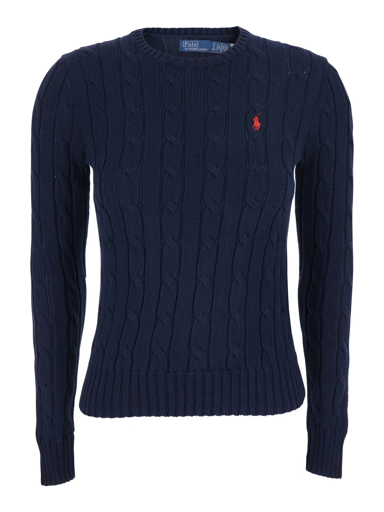 كنزة صوفية زرقاء برقبة دائرية مزينة بتطريز على شكل حصان في الأمام، مصنوعة من القطن للنساء