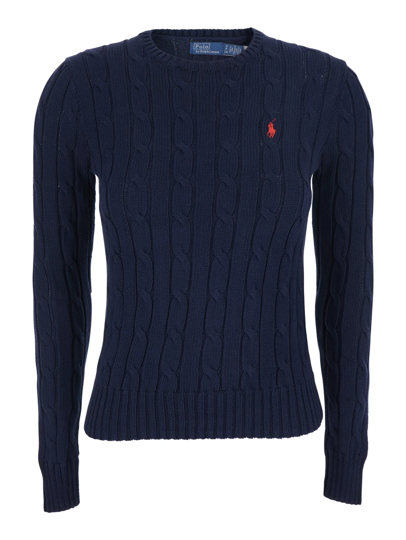 كنزة صوفية زرقاء برقبة دائرية مزينة بتطريز على شكل حصان في الأمام، مصنوعة من القطن للنساء