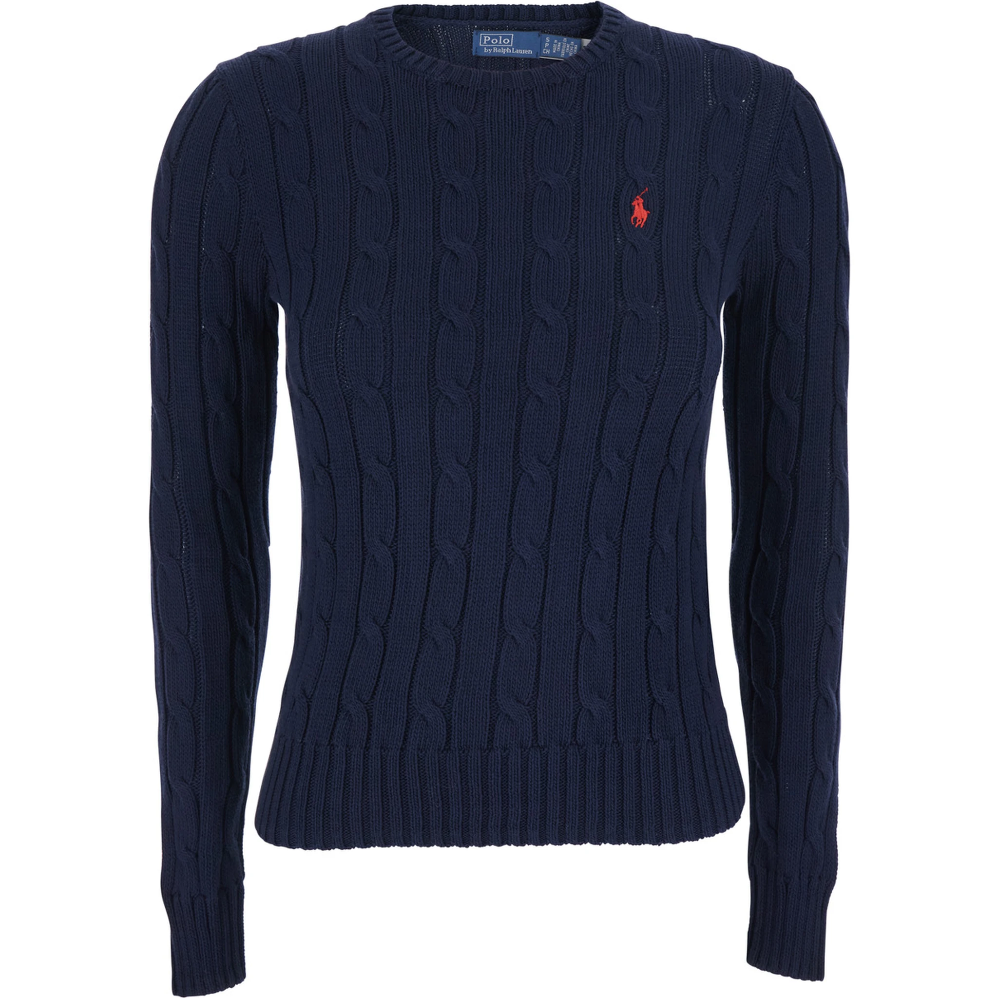 كنزة صوفية زرقاء برقبة دائرية مزينة بتطريز على شكل حصان في الأمام، مصنوعة من القطن للنساء