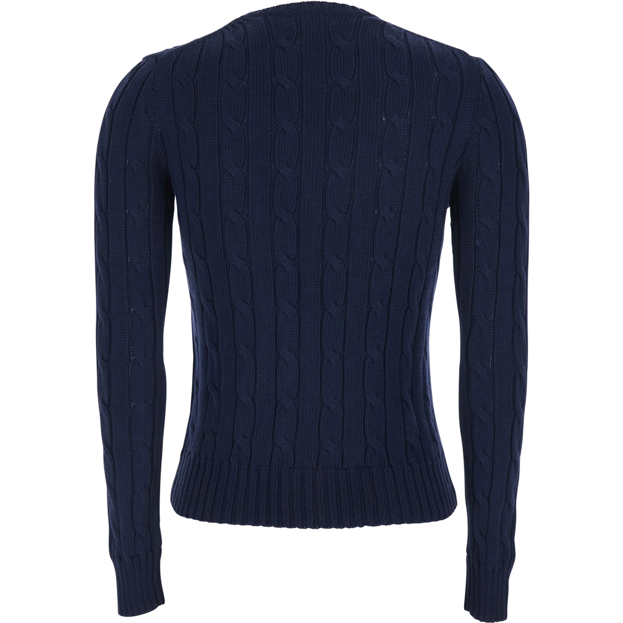 كنزة صوفية زرقاء برقبة دائرية مزينة بتطريز على شكل حصان في الأمام، مصنوعة من القطن للنساء