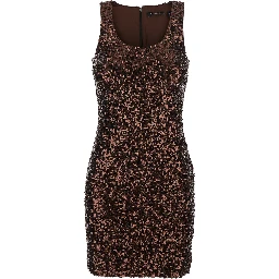 Brown U-Neck Dress with All-Over Applied Sequin in Fabric Woman
