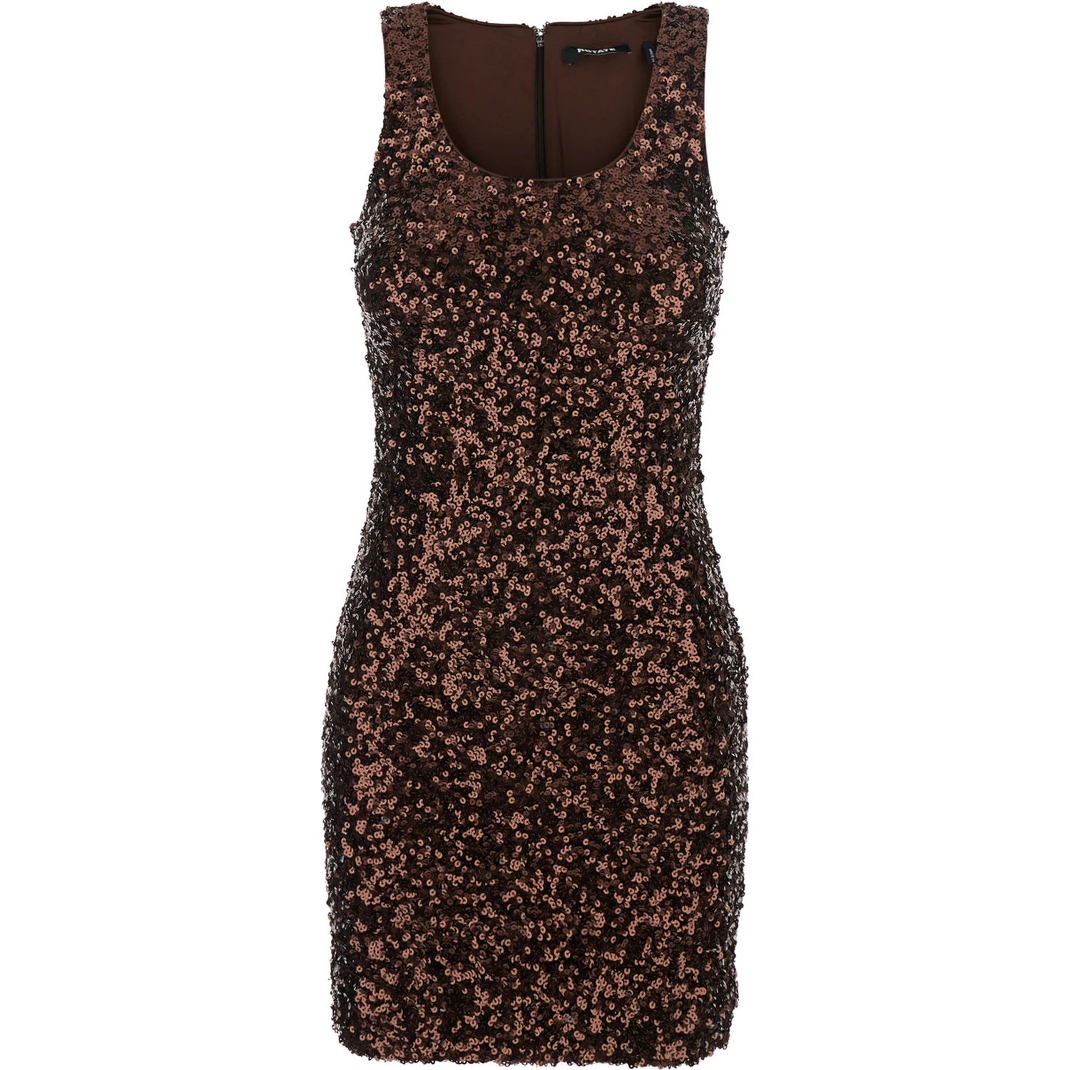 Brown U-Neck Dress with All-Over Applied Sequin in Fabric Woman