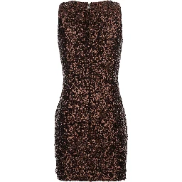 Brown U-Neck Dress with All-Over Applied Sequin in Fabric Woman