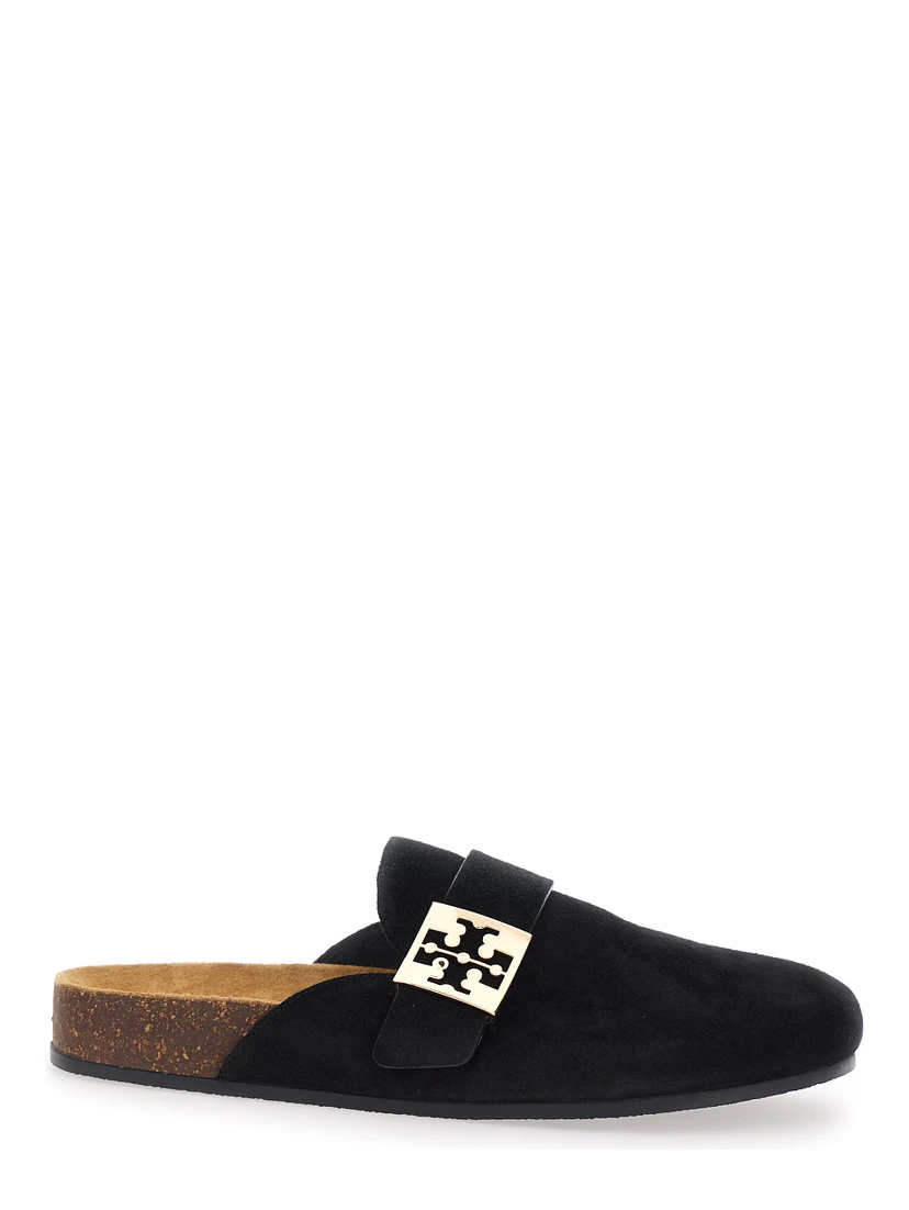 Mellow Black Slip-On Mule with Metallic Logo Buckle in Suede Woman