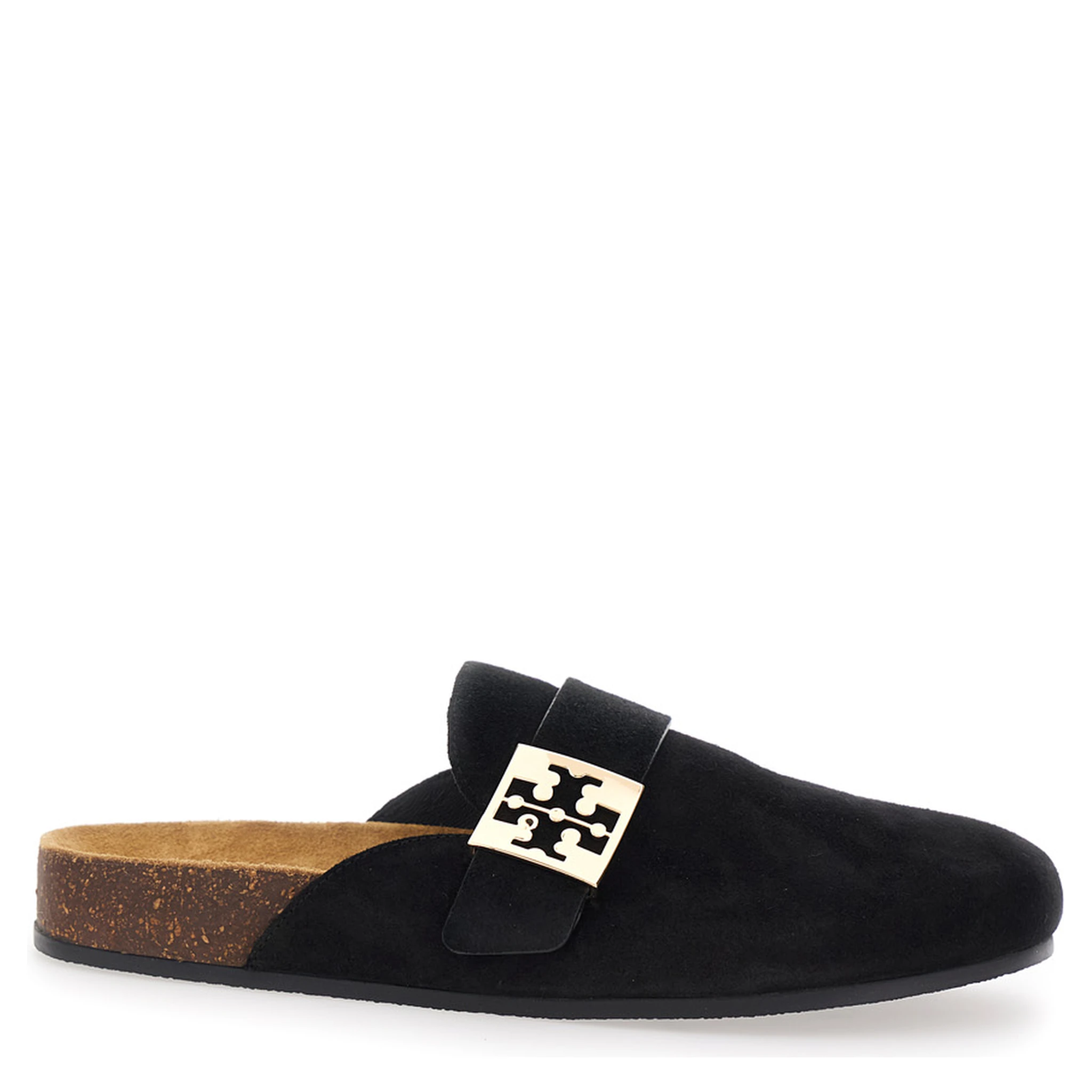 Mellow Black Slip-On Mule with Metallic Logo Buckle in Suede Woman