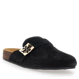Mellow Black Slip-On Mule with Metallic Logo Buckle in Suede Woman