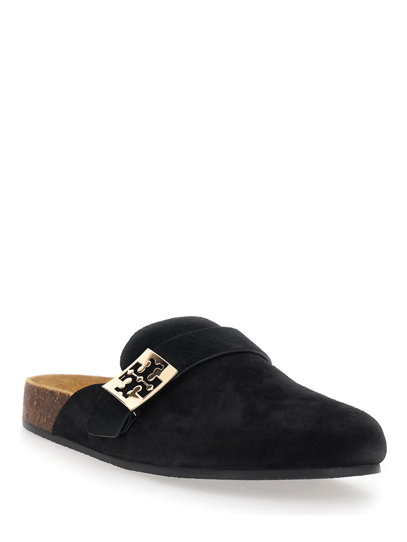 Mellow Black Slip-On Mule with Metallic Logo Buckle in Suede Woman