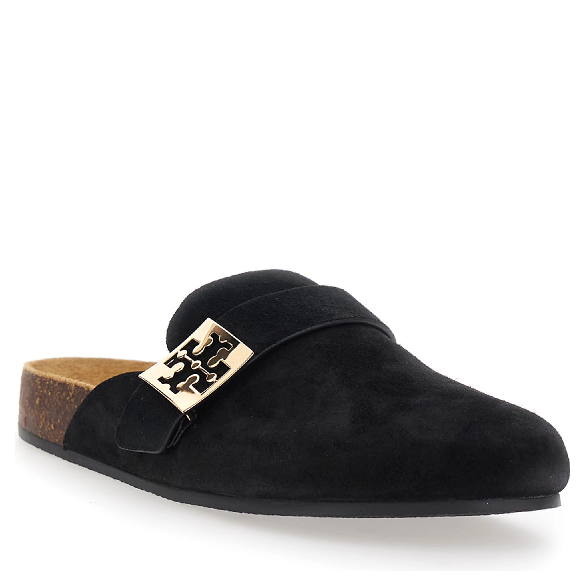 Mellow Black Slip-On Mule with Metallic Logo Buckle in Suede Woman