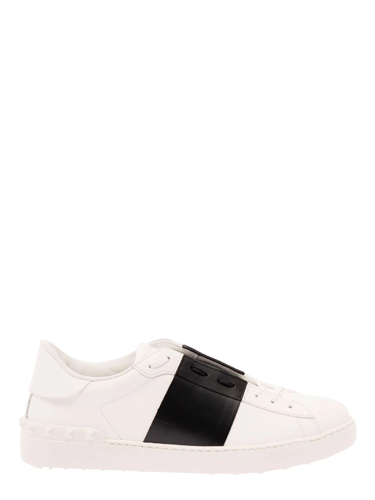 Open White Low Top Sneakers with Contrasting Band and Studs in Leather Man