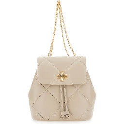 Kira Beige Backpack with Metallic Logo Plate on the Front in Quilted Leather Woman