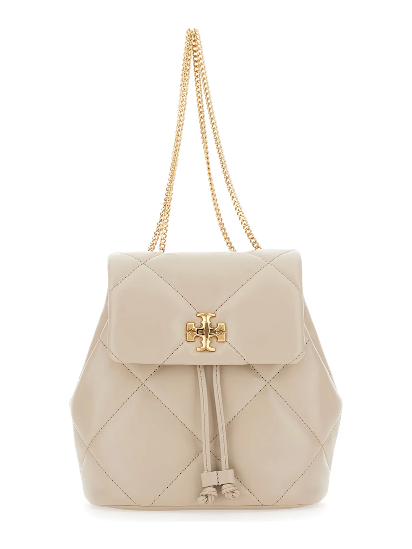 Kira Beige Backpack with Metallic Logo Plate on the Front in Quilted Leather Woman