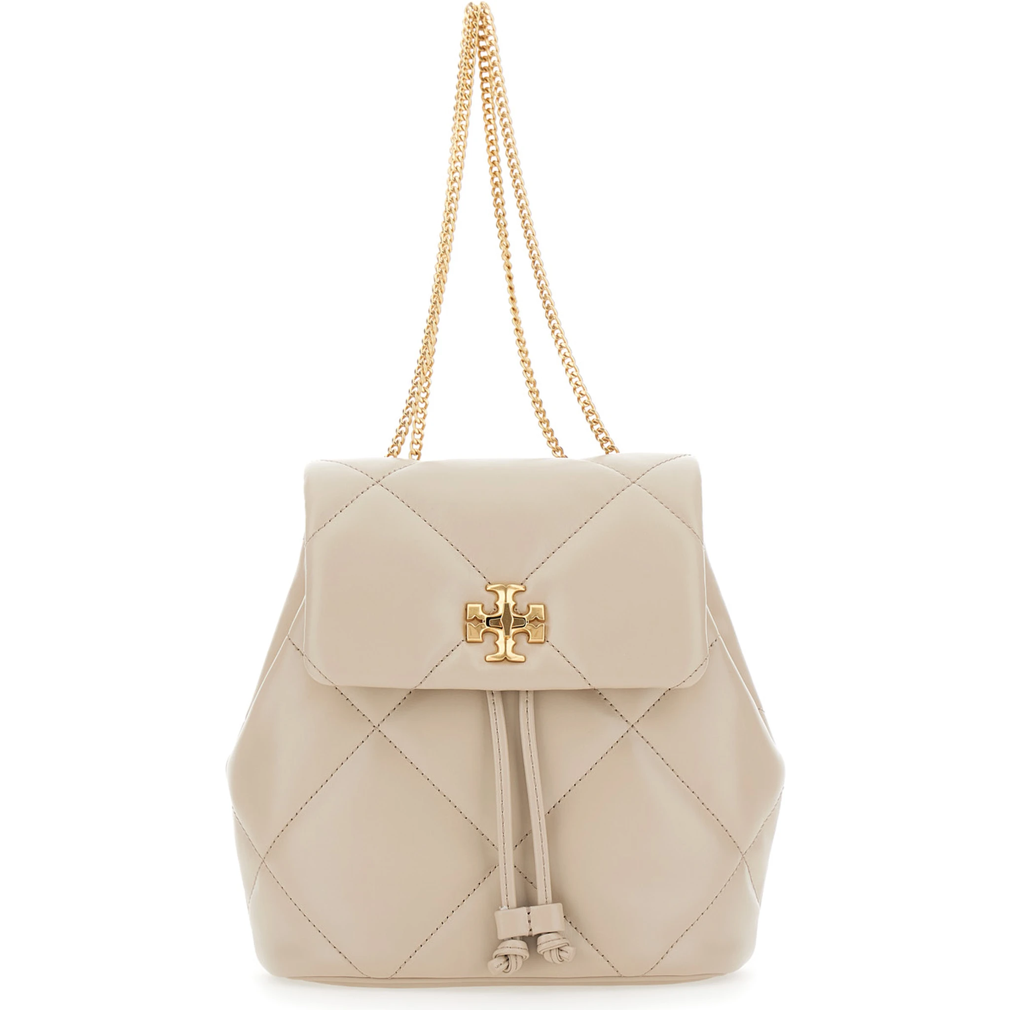 Kira Beige Backpack with Metallic Logo Plate on the Front in Quilted Leather Woman