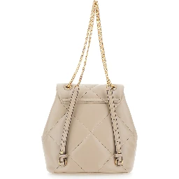 Kira Beige Backpack with Metallic Logo Plate on the Front in Quilted Leather Woman