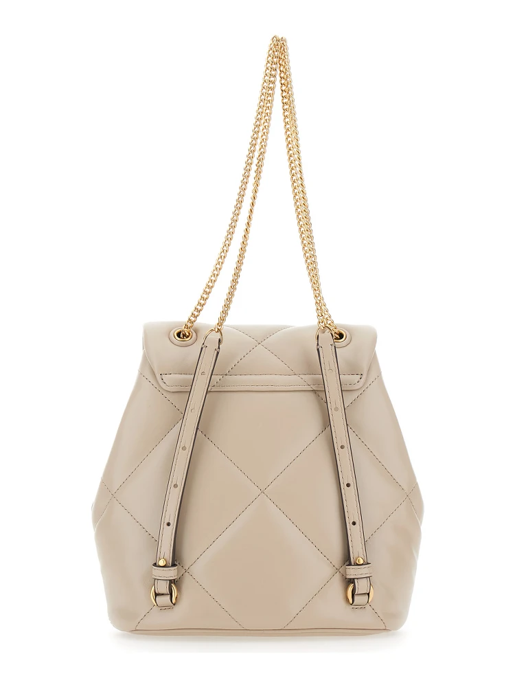 Kira Beige Backpack with Metallic Logo Plate on the Front in Quilted Leather Woman alternative