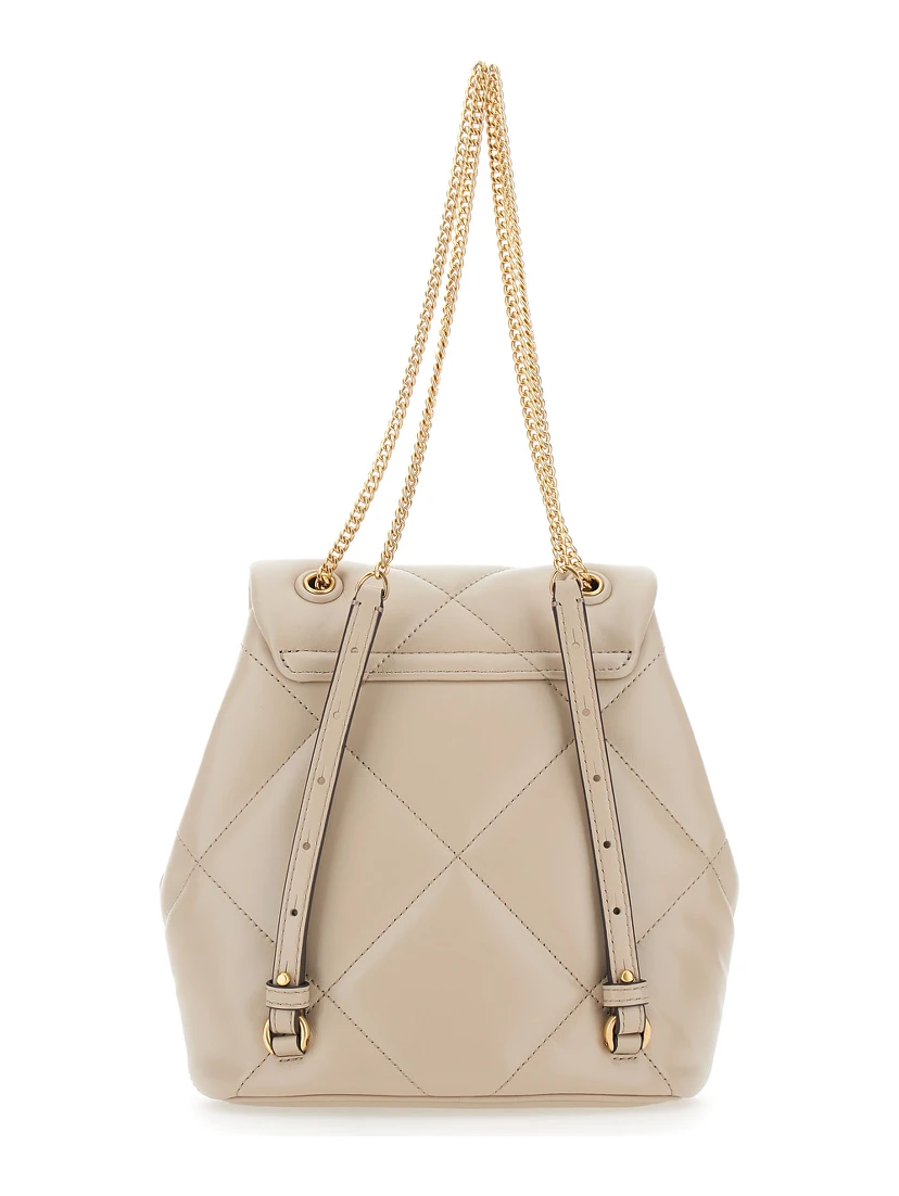 Kira Beige Backpack with Metallic Logo Plate on the Front in Quilted Leather Woman