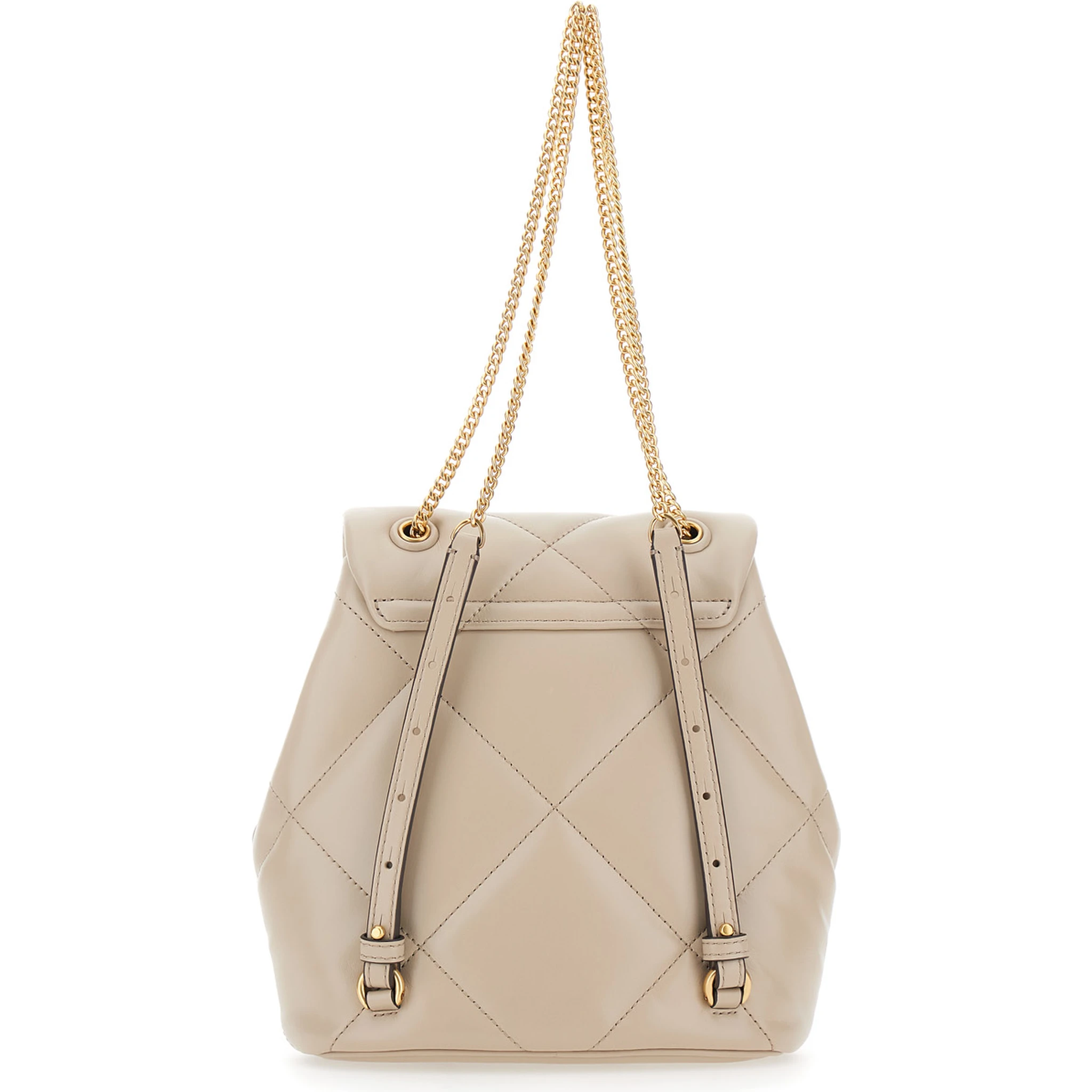 Kira Beige Backpack with Metallic Logo Plate on the Front in Quilted Leather Woman