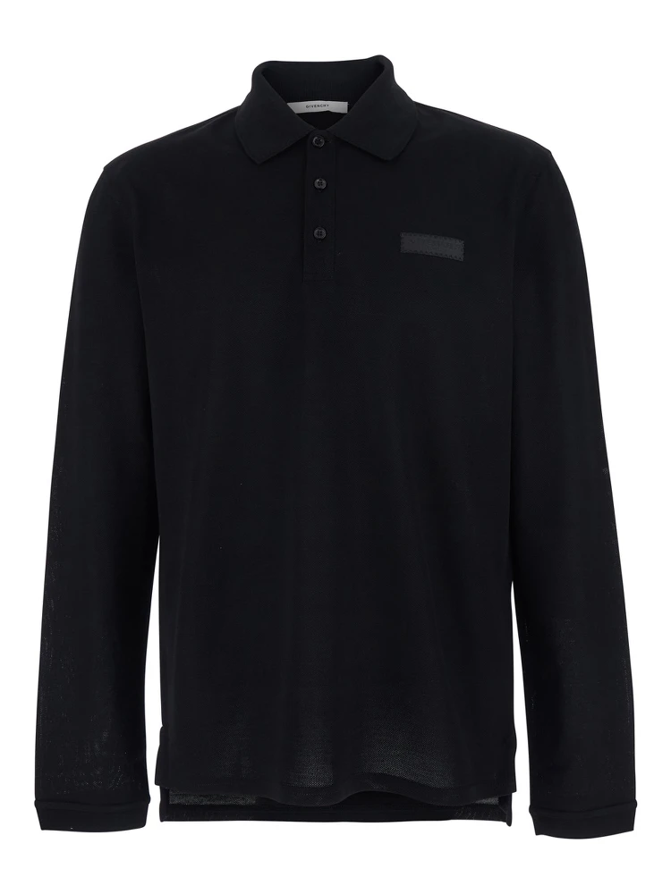 Black Polo Shirt with Logn Sleeves and Chest Logo Patch in Cotton Man