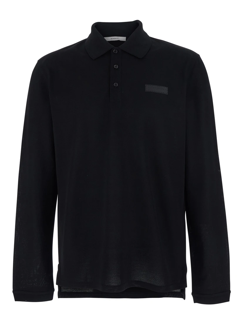 Black Polo Shirt with Logn Sleeves and Chest Logo Patch in Cotton Man