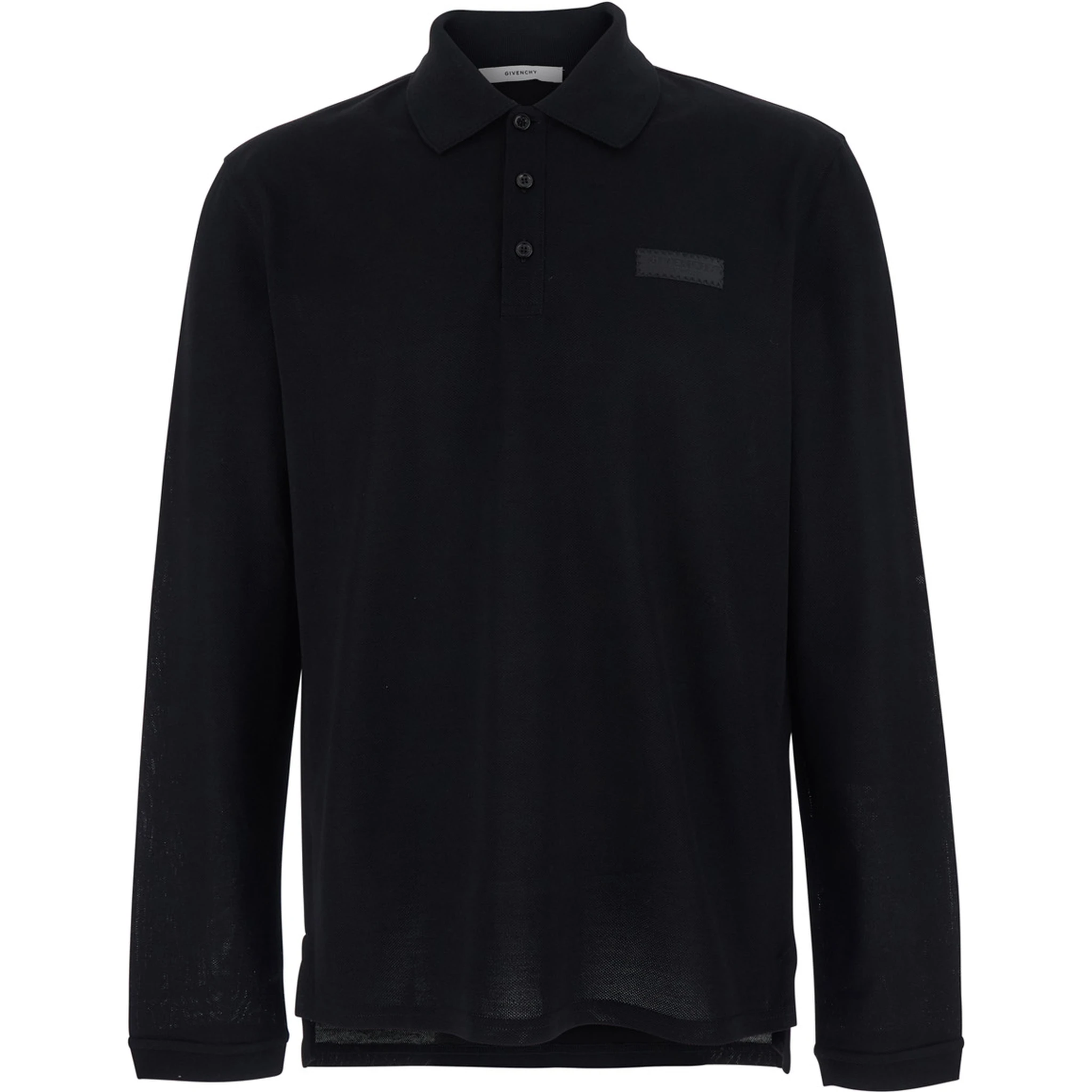 Black Polo Shirt with Logn Sleeves and Chest Logo Patch in Cotton Man