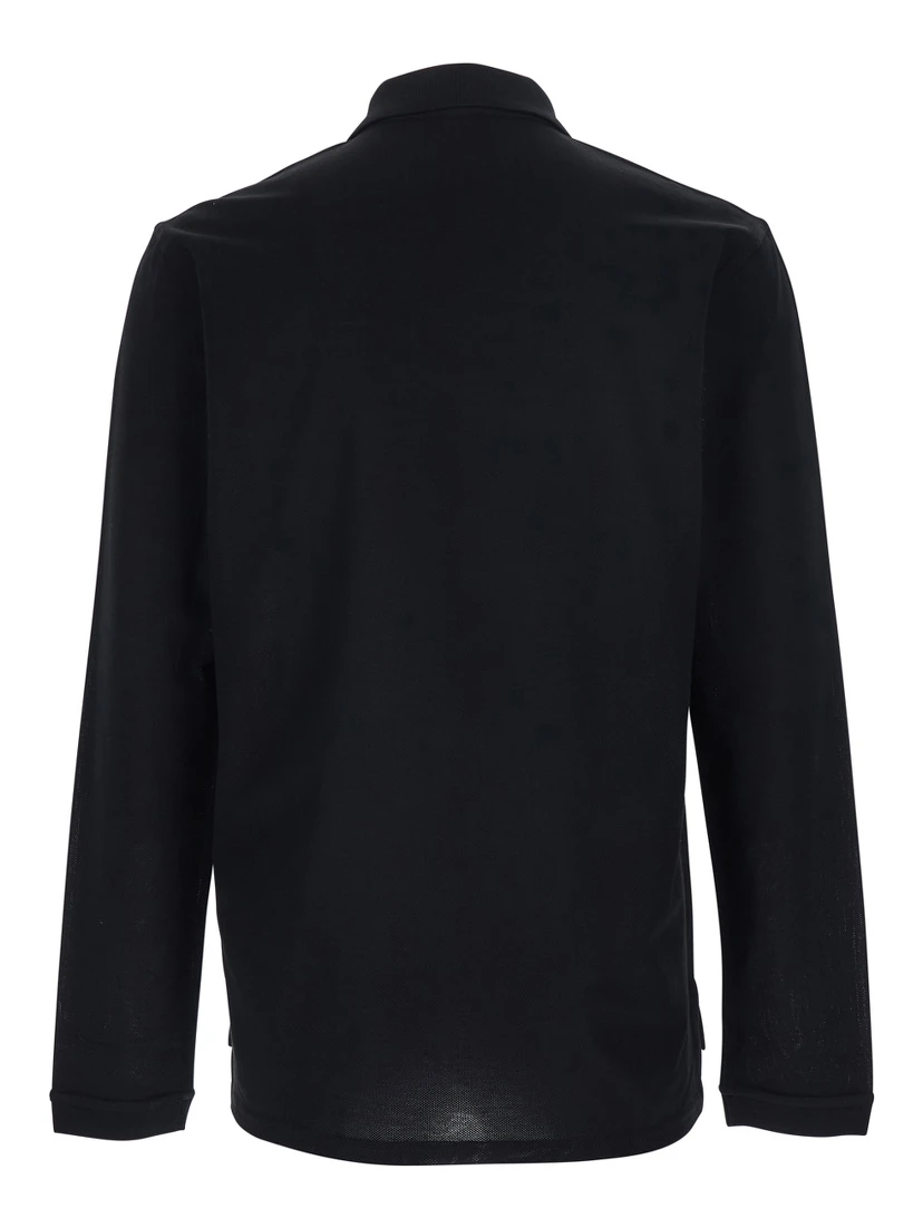 Black Polo Shirt with Logn Sleeves and Chest Logo Patch in Cotton Man