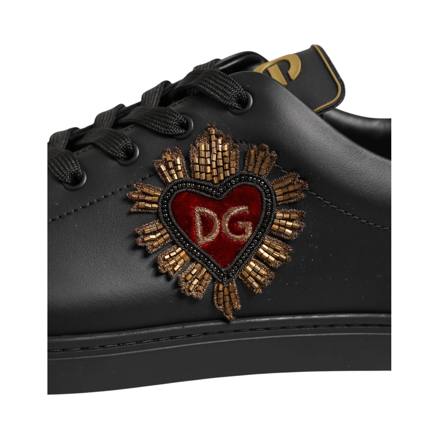 Black Leather Heart Embellished Sneakers Shoes