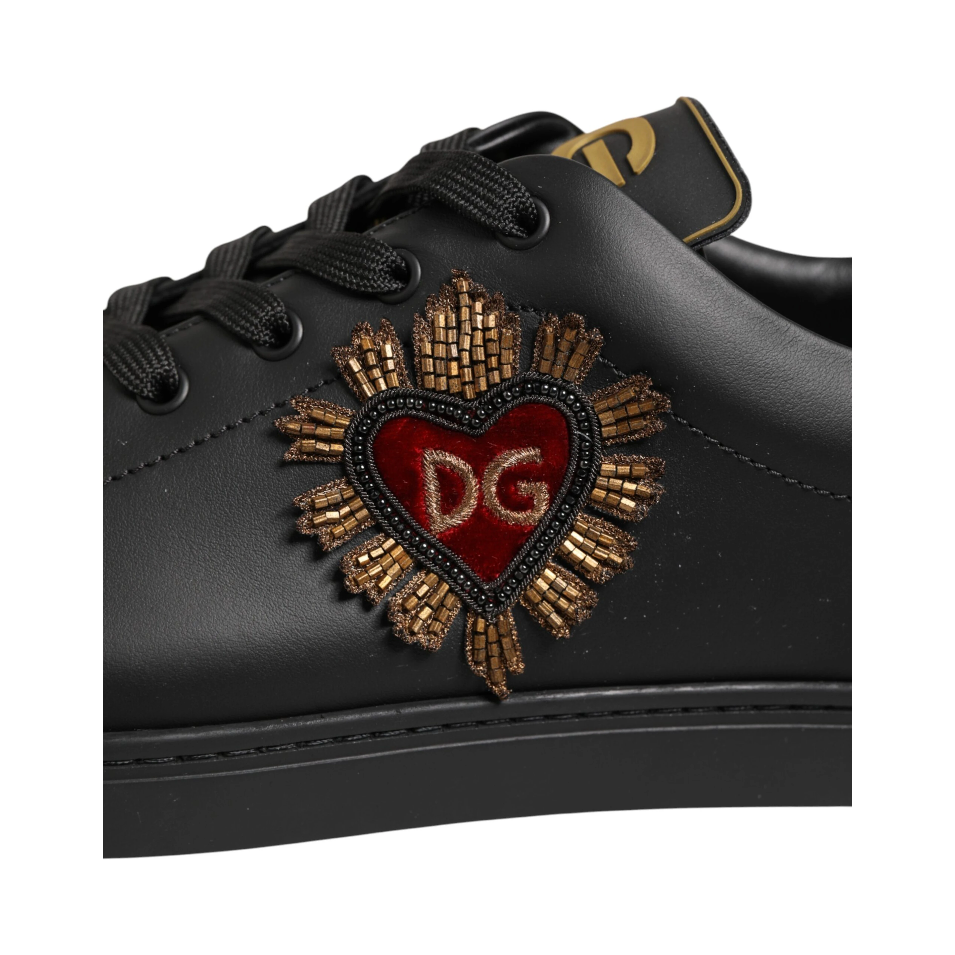 Black Leather Heart Embellished Sneakers Shoes