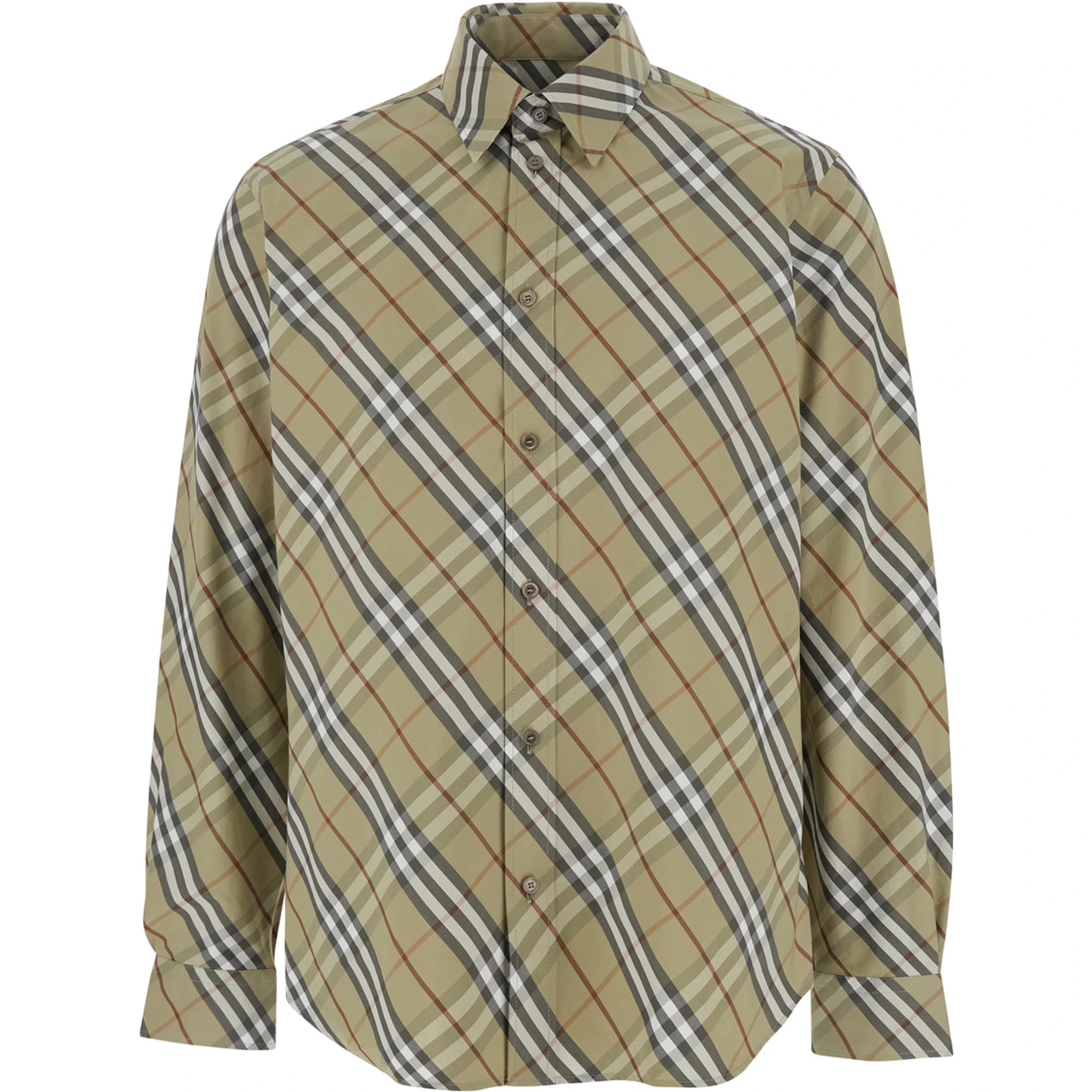 Beige Shirt with Pointed Collar and All-Over Check Motif in Cotton Woman