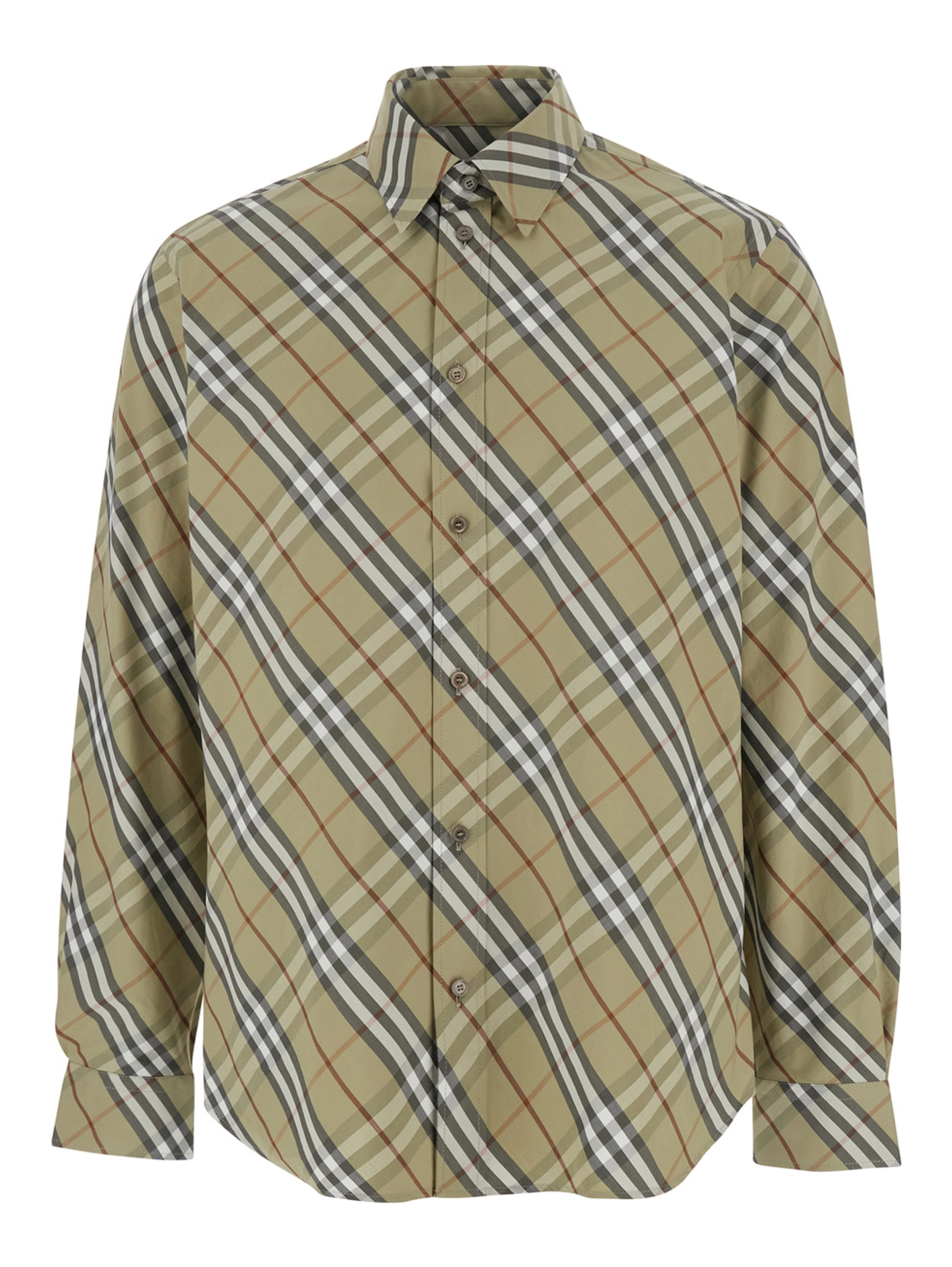 Beige Shirt with Pointed Collar and All-Over Check Motif in Cotton Woman
