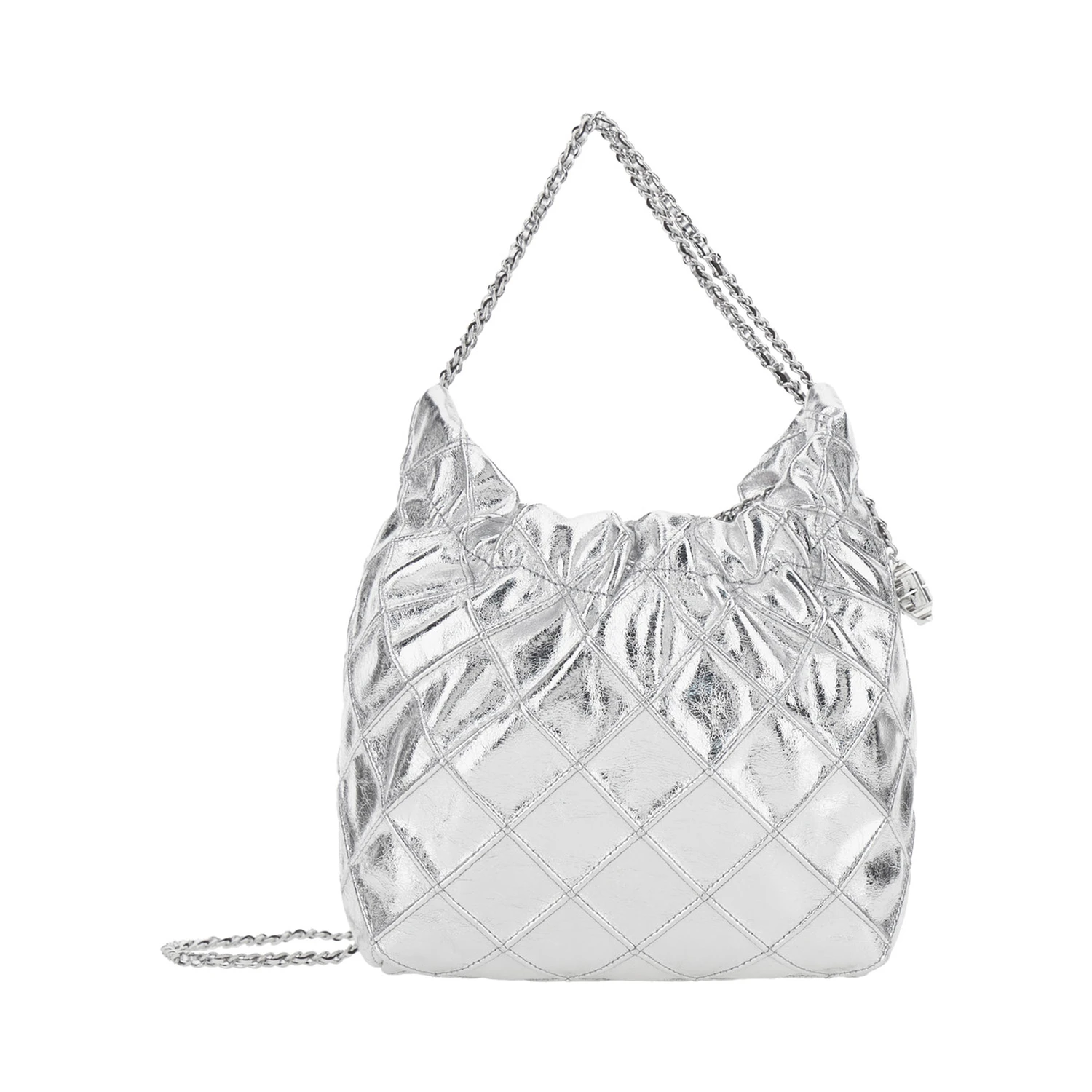 Fleming Mini Silver Colored Shoulder Bag with Chain Strap and Metallic Pendant with Logo in Leather Woman