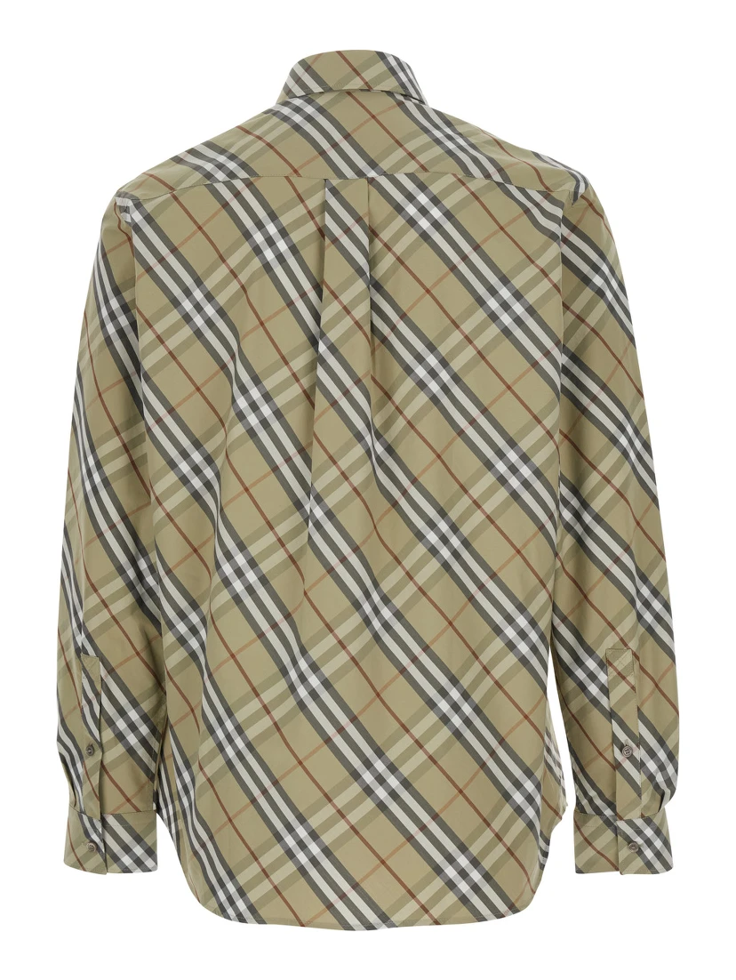 Beige Shirt with Pointed Collar and All-Over Check Motif in Cotton Woman