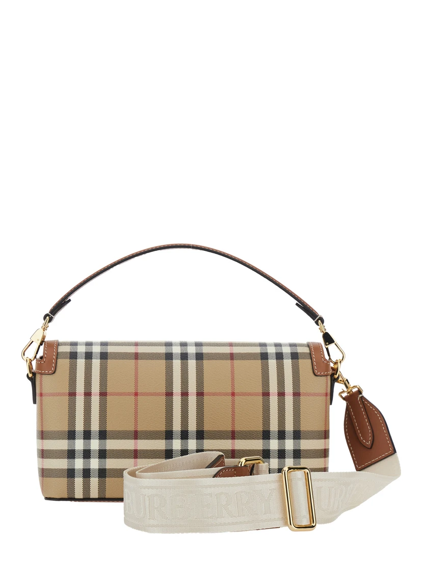Beige Handbag with Adjustable and Removable Shoulder Strap and All-Over Check Motif in Cotton Blend Woman
