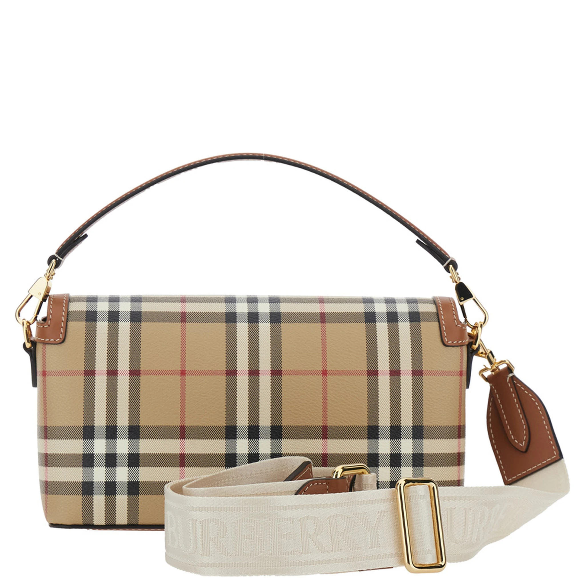 Beige Handbag with Adjustable and Removable Shoulder Strap and All-Over Check Motif in Cotton Blend Woman