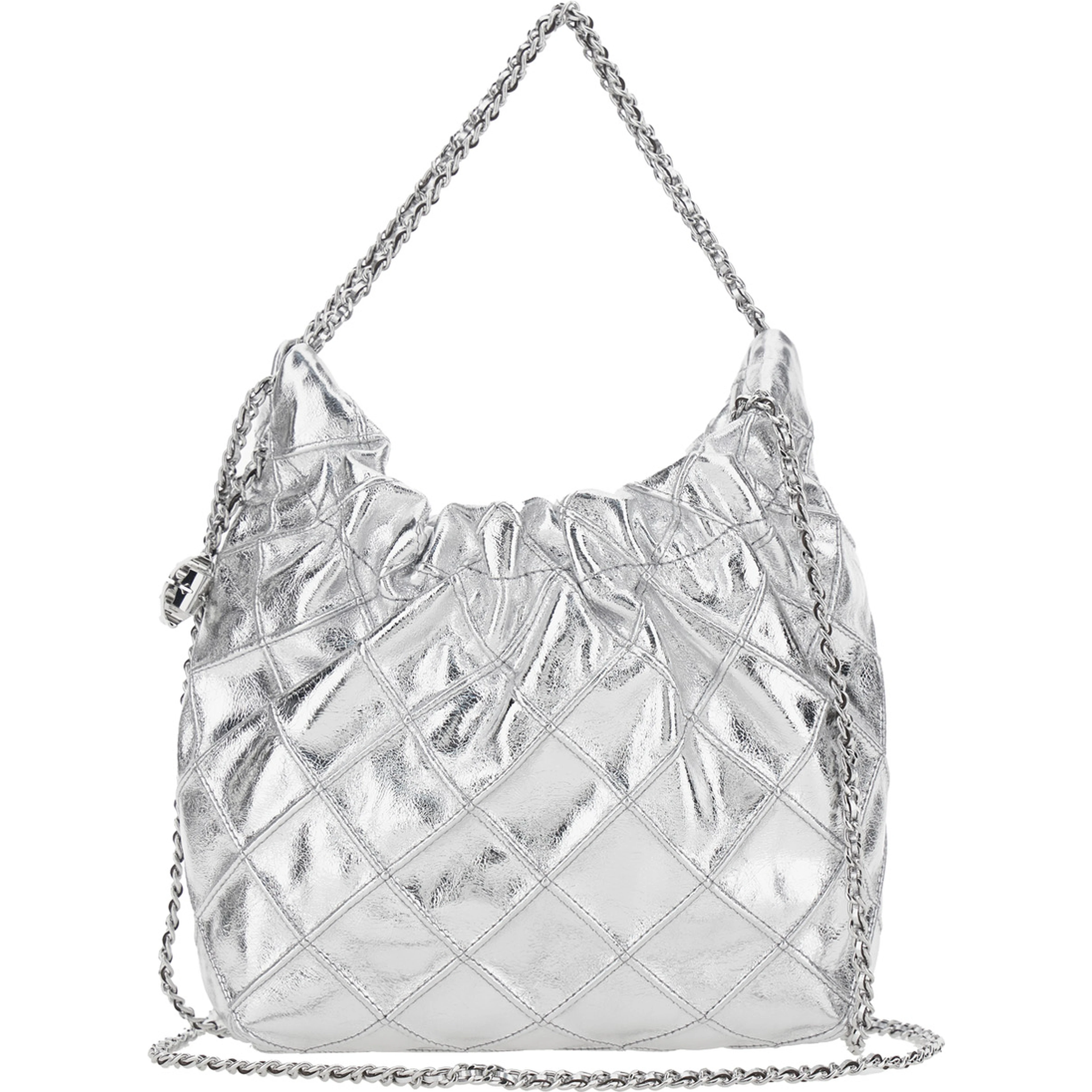 Fleming Mini Silver Colored Shoulder Bag with Chain Strap and Metallic Pendant with Logo in Leather Woman