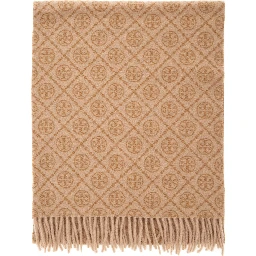 Beige Scarf with All-Over T Motif Monogram and Fringed Edges in Wool Woman