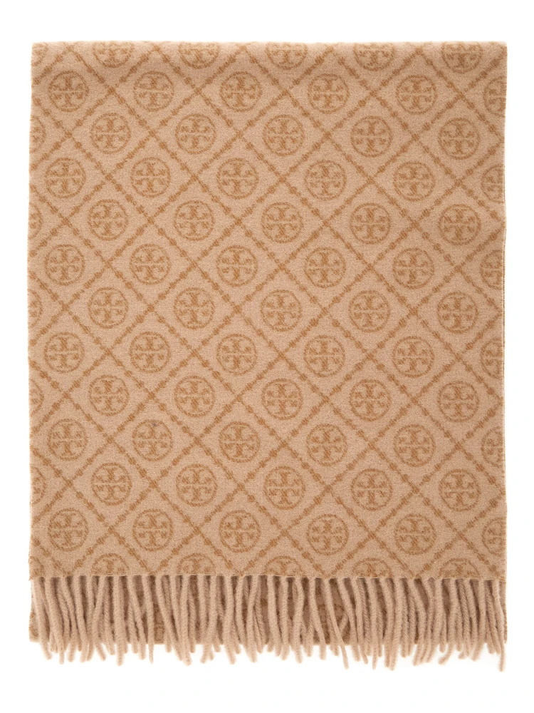 Beige Scarf with All-Over T Motif Monogram and Fringed Edges in Wool Woman