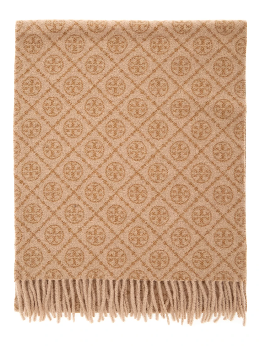 Beige Scarf with All-Over T Motif Monogram and Fringed Edges in Wool Woman