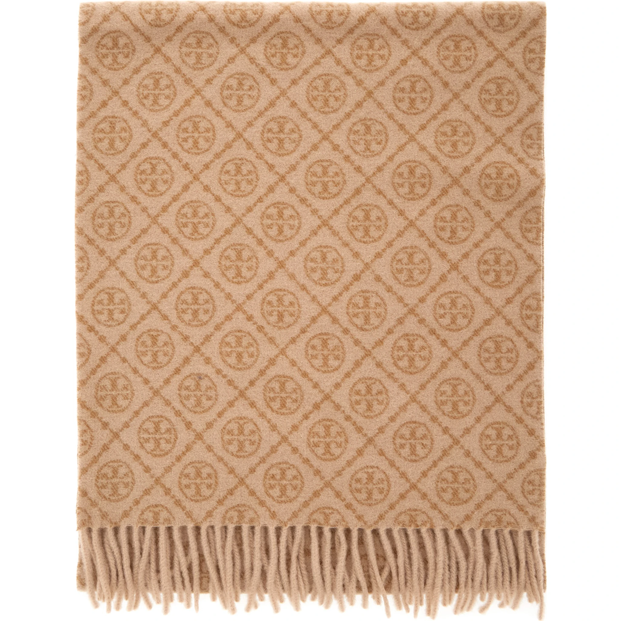 Beige Scarf with All-Over T Motif Monogram and Fringed Edges in Wool Woman