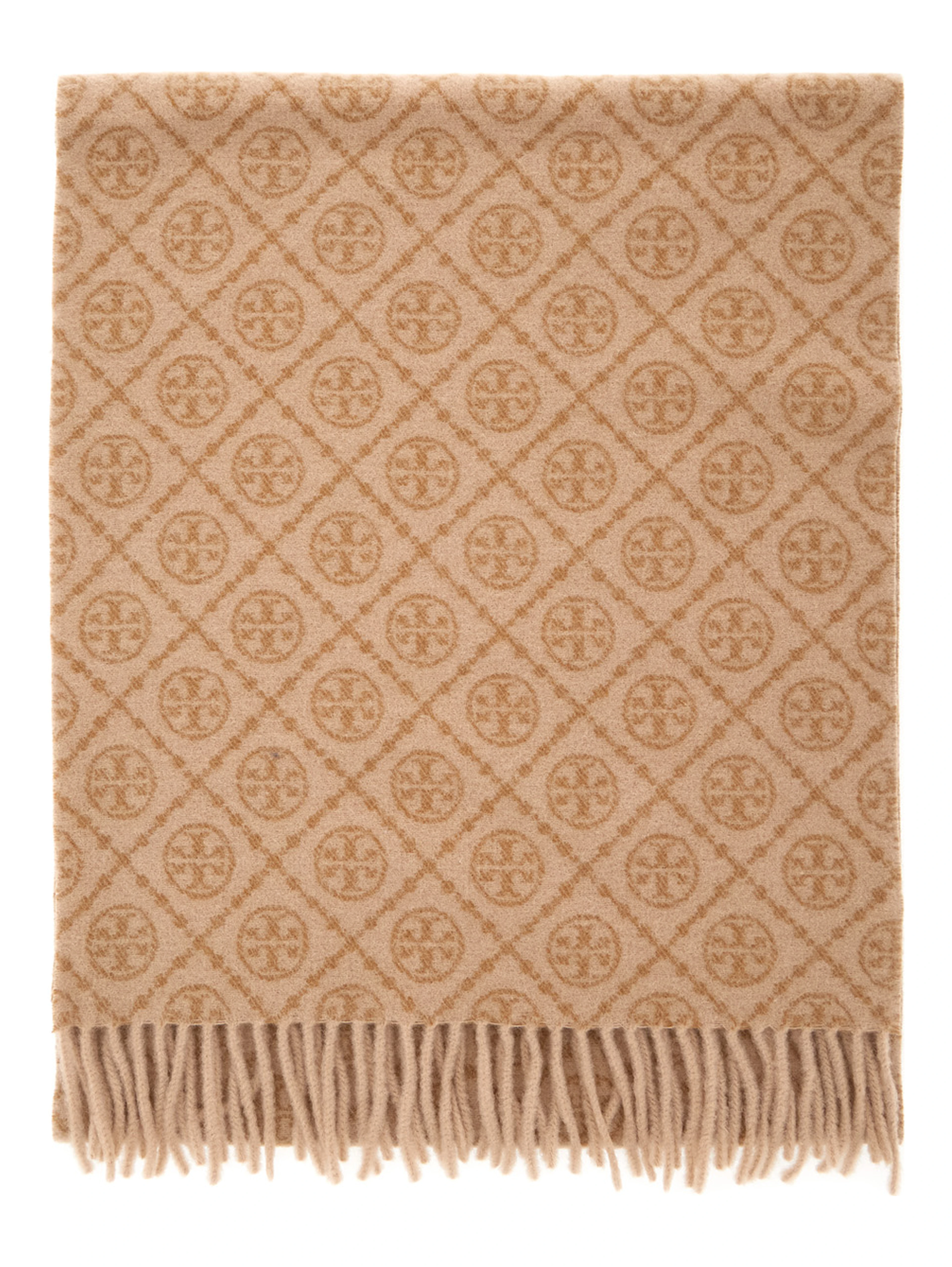 Beige Scarf with All-Over T Motif Monogram and Fringed Edges in Wool Woman